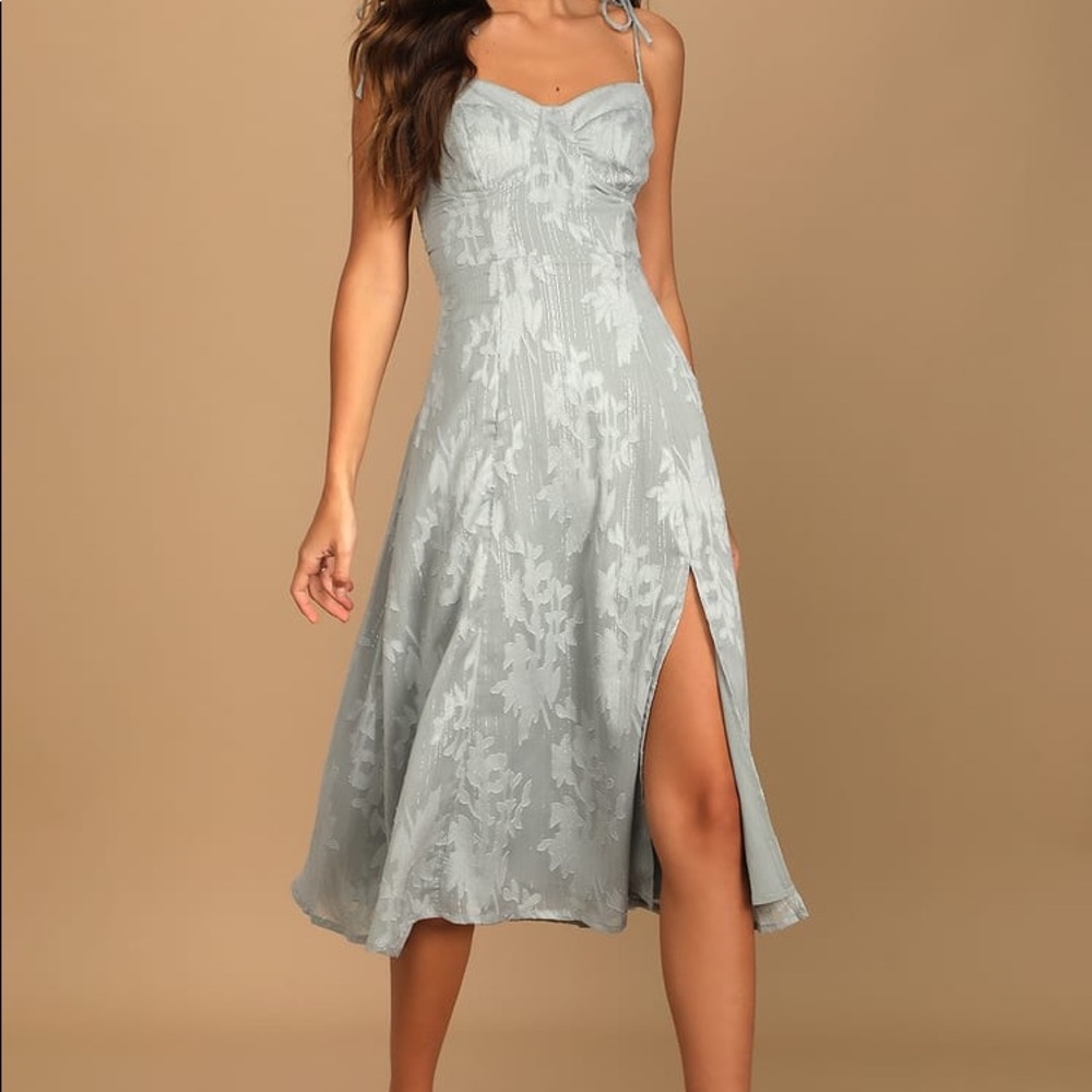 Dusty Blue Floral Jacquard Tie-Strap Midi Dress